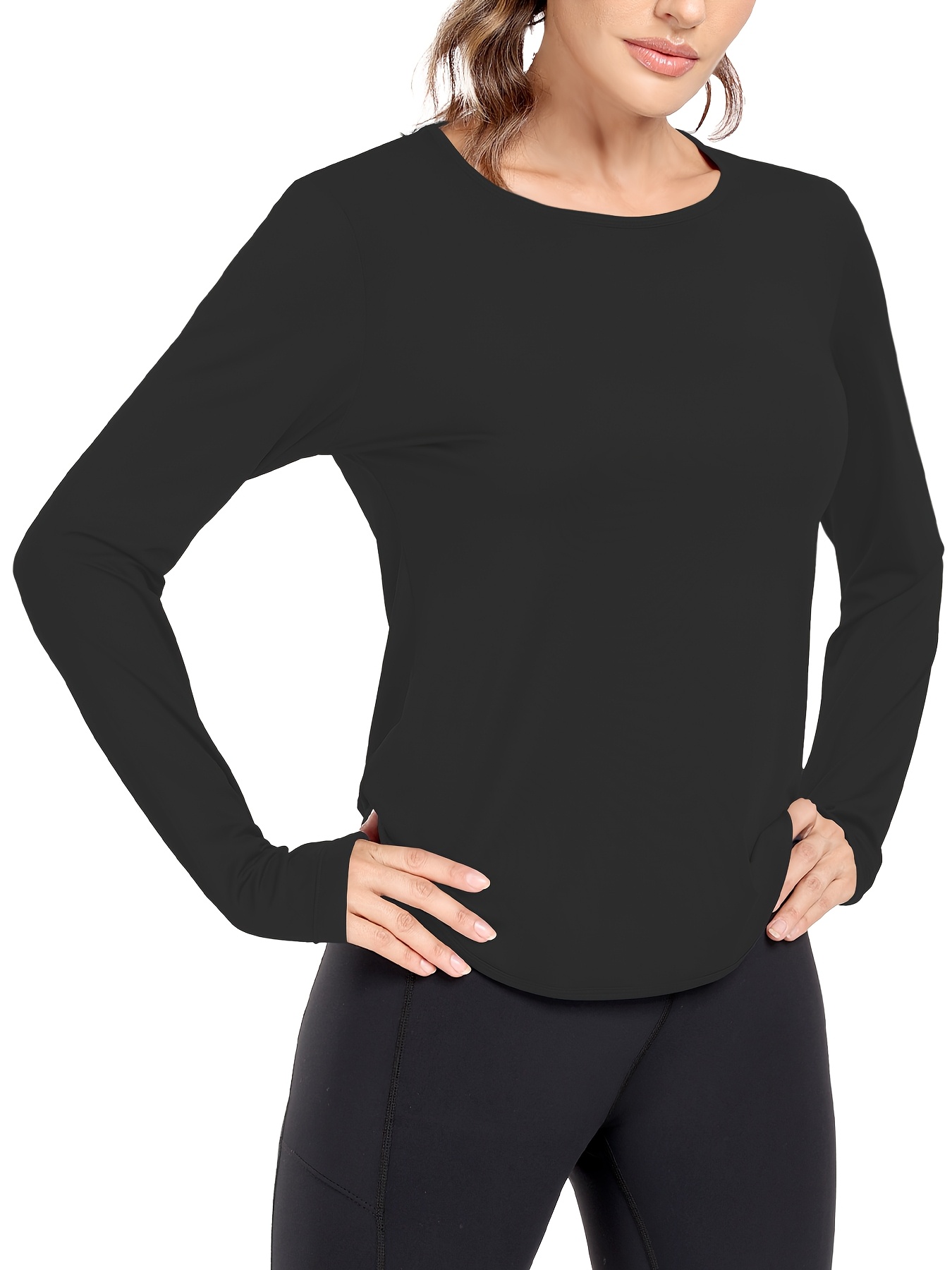 womens breathable long sleeve t shirt thumb holes curved hem