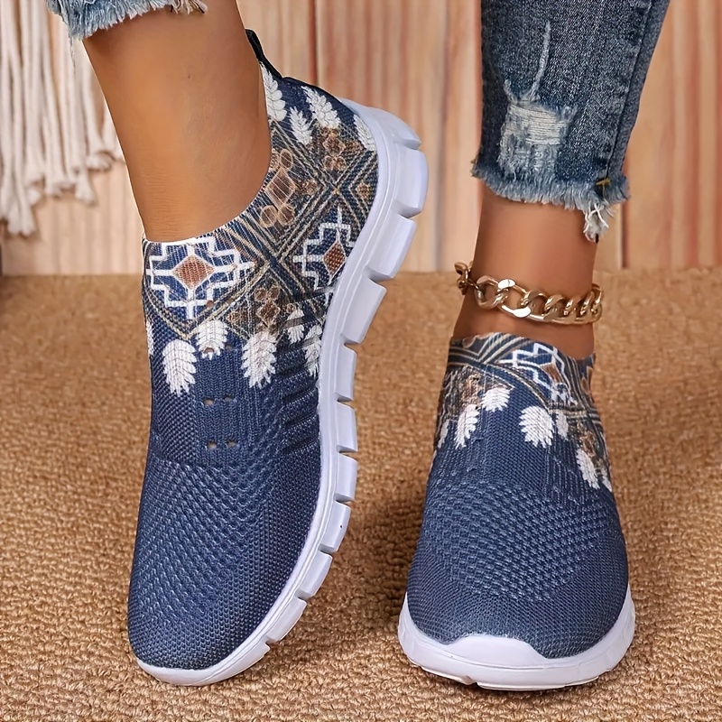 TEMU Sneakers, Blue Floral Print Women's Casual Walking Shoes, Fabric Upper With Eva Cushioned Sole, Suitable For Outdoor & Camping
