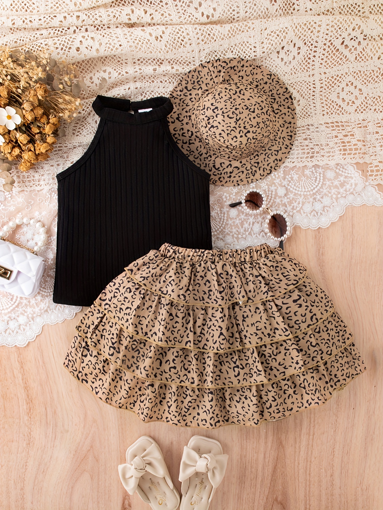 Girls' 3pcs Vintage Leopard Print Outfit Set - Sleeveless Cotton Blend Bandeau Top, Tiered Skirt, and Matching Hat - Casual Summer Wear for Kids with Frill Details