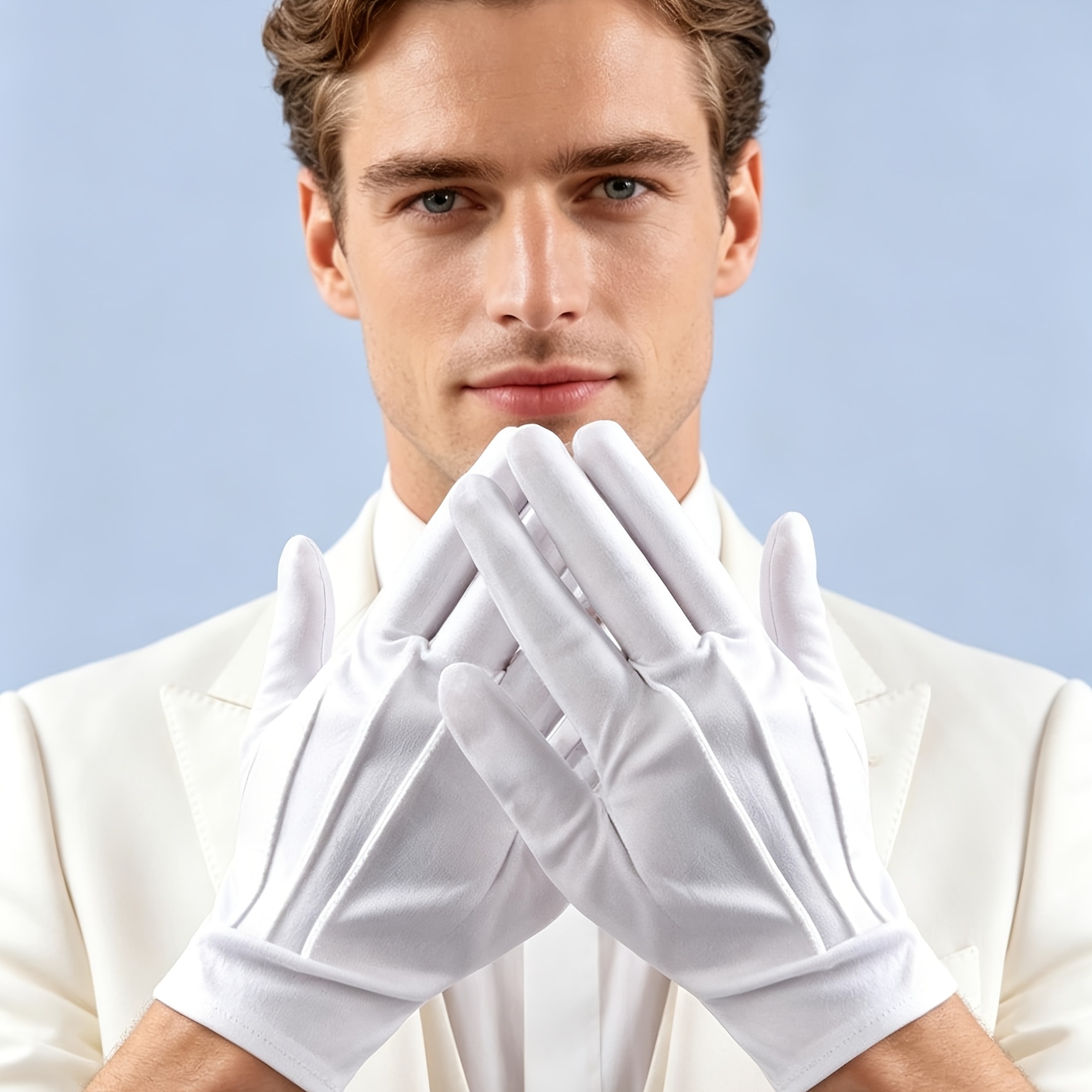 TEMU 1 Paire de Gants Formels Blancs Artisanaux à Trois Bandes, Gants Élastiques Doigts Adaptés aux Cérémonies d' du Drapeau, aux Réceptions d'Hôtels