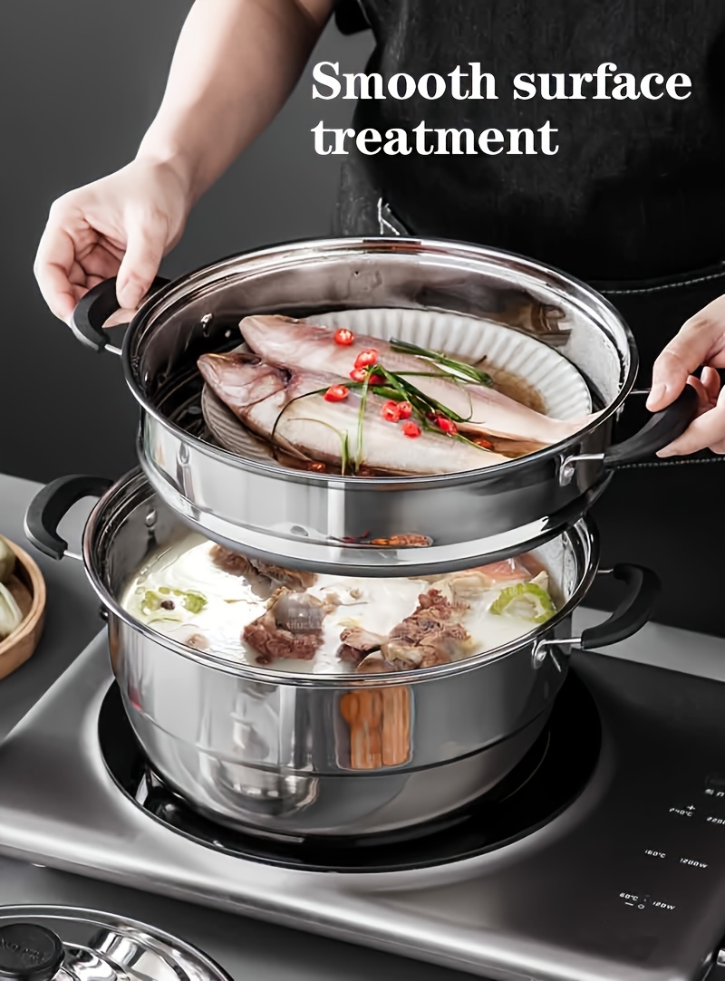 popular   3 layer multifunctional stainless steel steamer with lid ideal for vegetables dumplings soup sauce food   with induction cooker and gas stove details 1