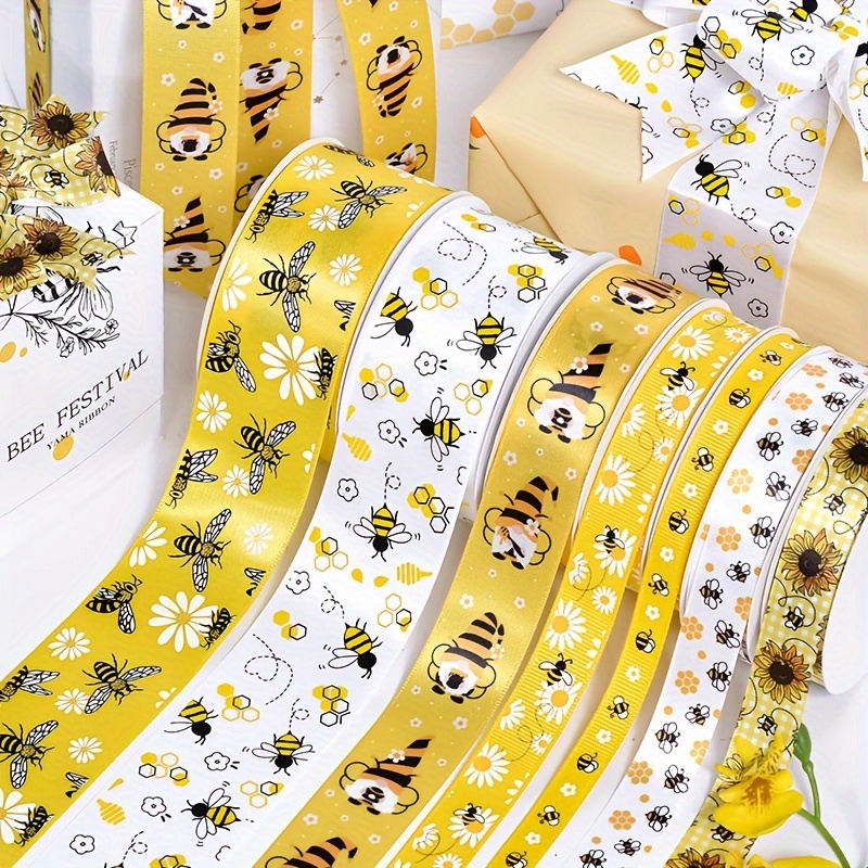 

1 Roll Yama Bee-themed Grosgrain Ribbon - 10y/r (9m) | Vibrant Yellow With Honey Bees & Flowers | Polyester, Assorted Widths For Diy Crafts, Gift Wrapping & Party Decorations, Bee Decorations