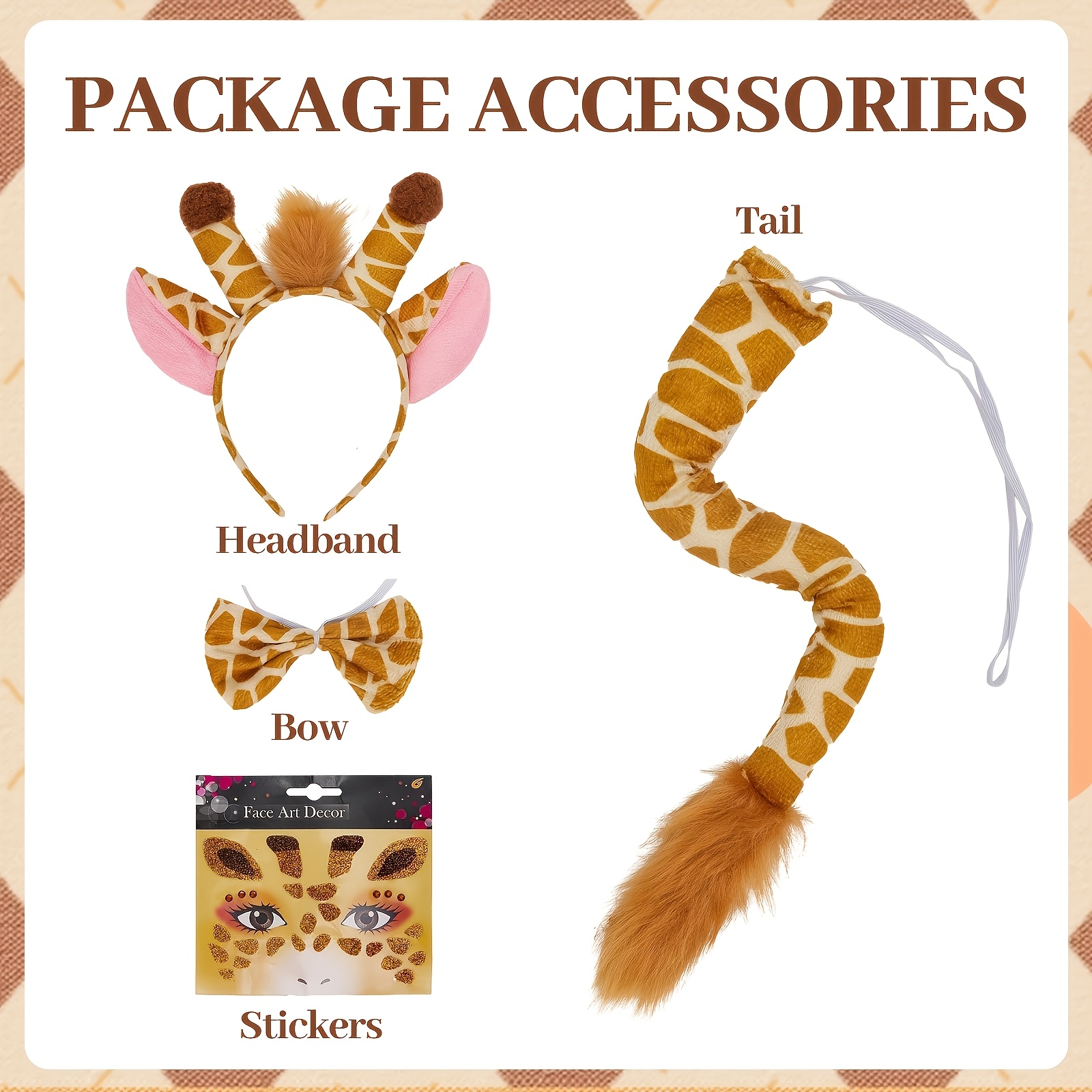 Image of 4pcs Giraffe Costume Set | Adult Animal Deer Ear Headband, Tail, Bow Tie, And Accessories | Jungle Themed, Unisex, Ideal For Birthday Outfits, Clothing Accessories, Christmas And New Year Gifts