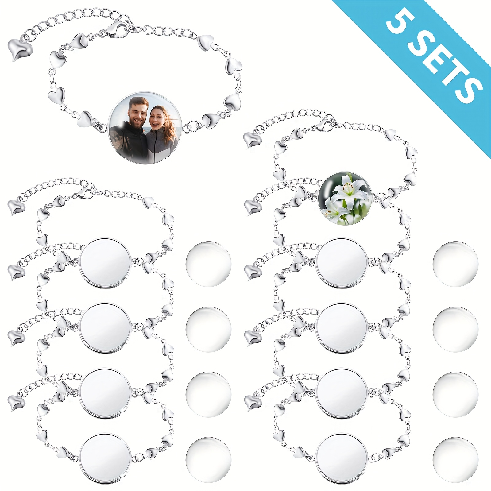 E-shop 5-teiliges Set Herzförmige Armbandfassungen für Schmuckherstellung, 5 Stück 20mm Silberne Fassungen Armbandrohlinge 5 Stück 20mm Klare