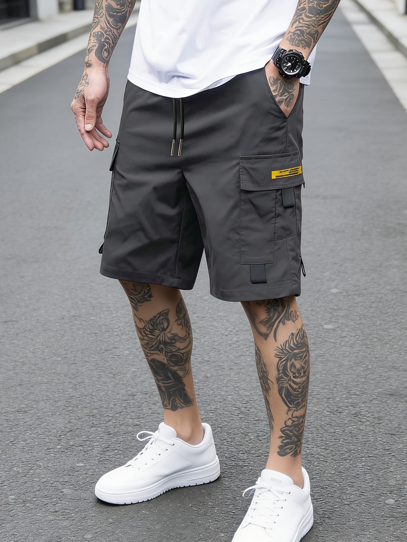 mens loose fit cargo functional shorts with drawstring elastic waist and multiple pockets knee length pants for urban commuting streetwear and  