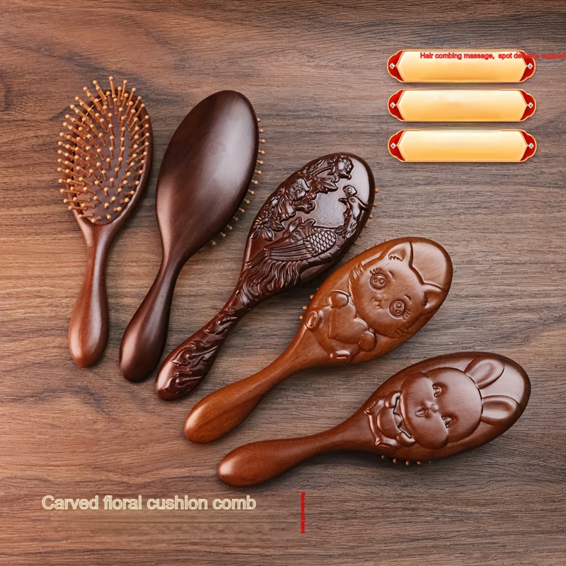 

1pc Sandalwood Flower Comb Large Oval Silicone Comb Nanmu Comb Teeth Solid Wood Comb, Head Massage Scraping Brush, Suitable For Women And Men With Hair Growth, Suitable For All , Wooden Hair Comb