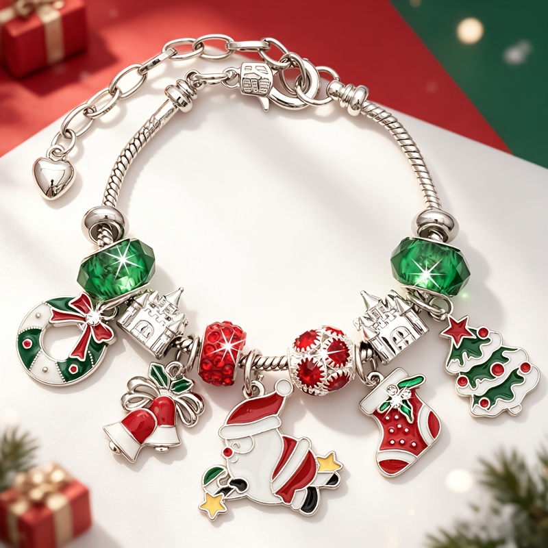 TEMU New Elegant Light Santa Pendant Additions Women's Bracelet, Featuring Santa Claus, Bell, Christmas Stocking, Christmas Tree, Christmas Wreath