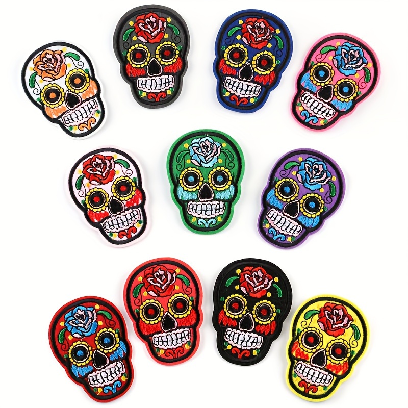 

11pcs Skull Embroidery Patches, Colorful Iron-on Appliques, Assorted Dia De Los Muertos Designs, For Custom Clothing Decor, Jackets, Jeans, Bags, And Diy Crafts, Easy To Apply.