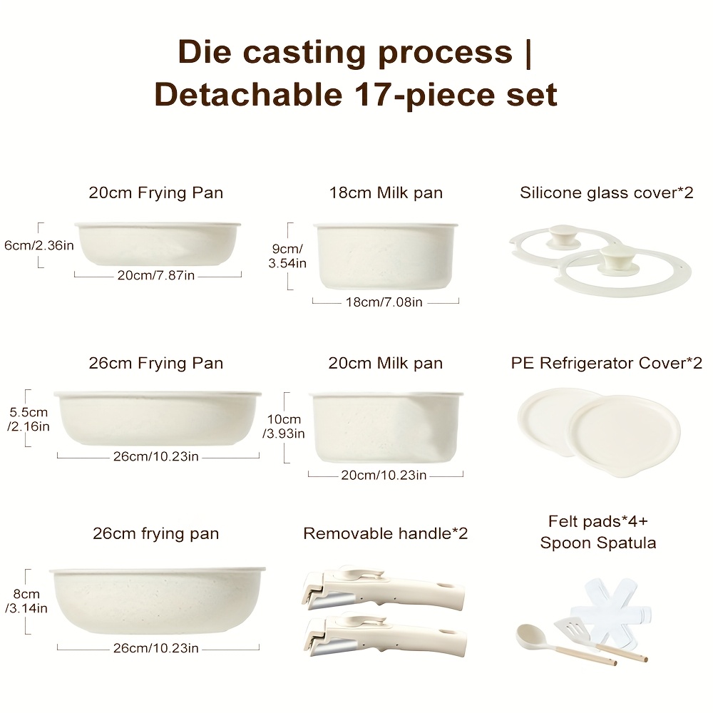 E-shop 6/17-teiliges Topf- Pfannenset, antihaftbeschichtet, Kochgeschirr-Set mit abnehmbarem Griff, Küchen-Kochwerkzeug-Set mit abnehmbaren Griffen,
