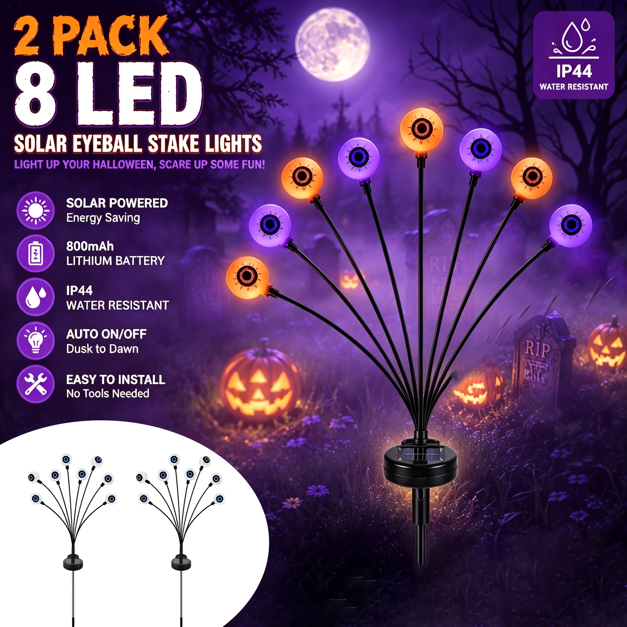 TEMU Halloween Solar Outdoor Decoration Lights, 8 Eyeball Lights, Eye Lights, Solar Lights, Ip44 Outdoor Design, Flickering , Orange And Purple,