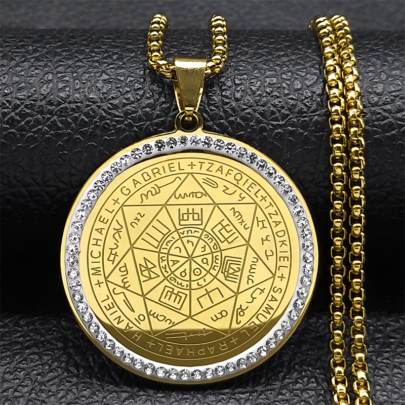 TEMU Collar de acero inoxidable con colgante de estrella de puntas y placa redonda, accesorios DIY para hombres y mujeres