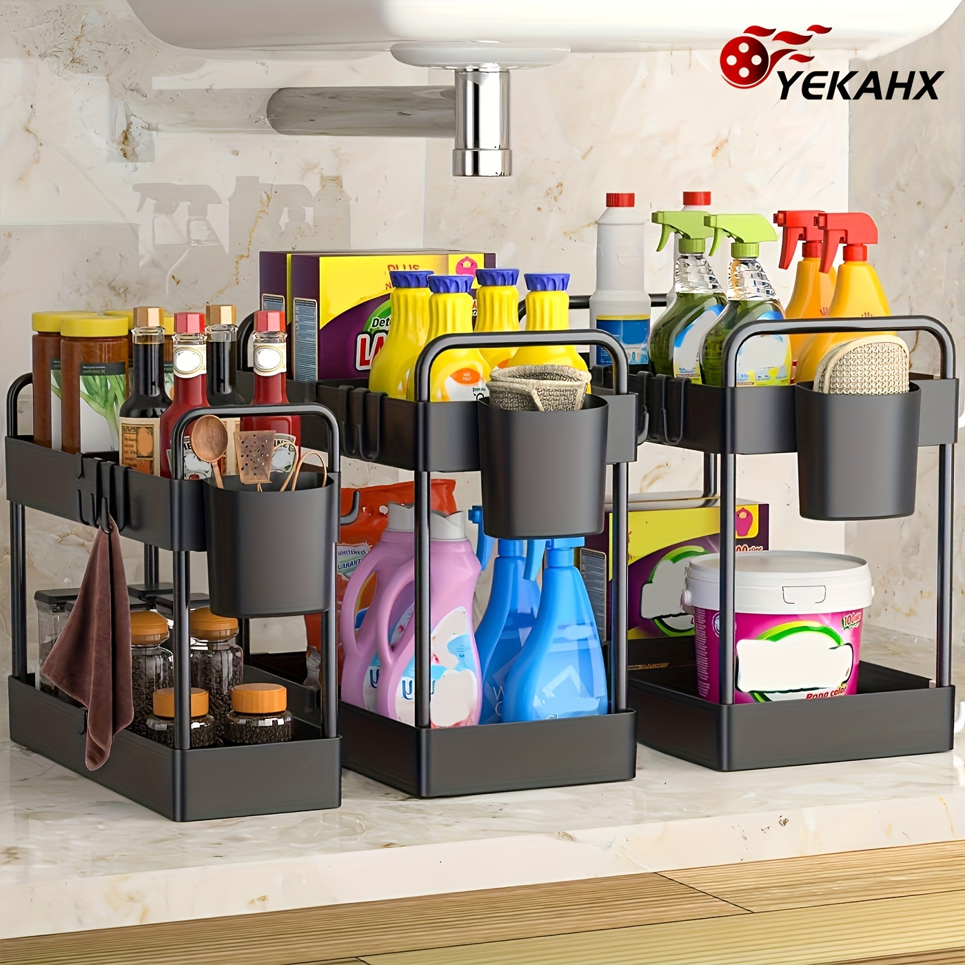 

3 Pack Deluxe Under Sink Organizer System - 2 Tier Adjustable Pull-out Storage Shelf For Bathroom And Kitchen Cleaning Supplies - Space-saving Under Cabinet Solution For Clutter-free Countertops