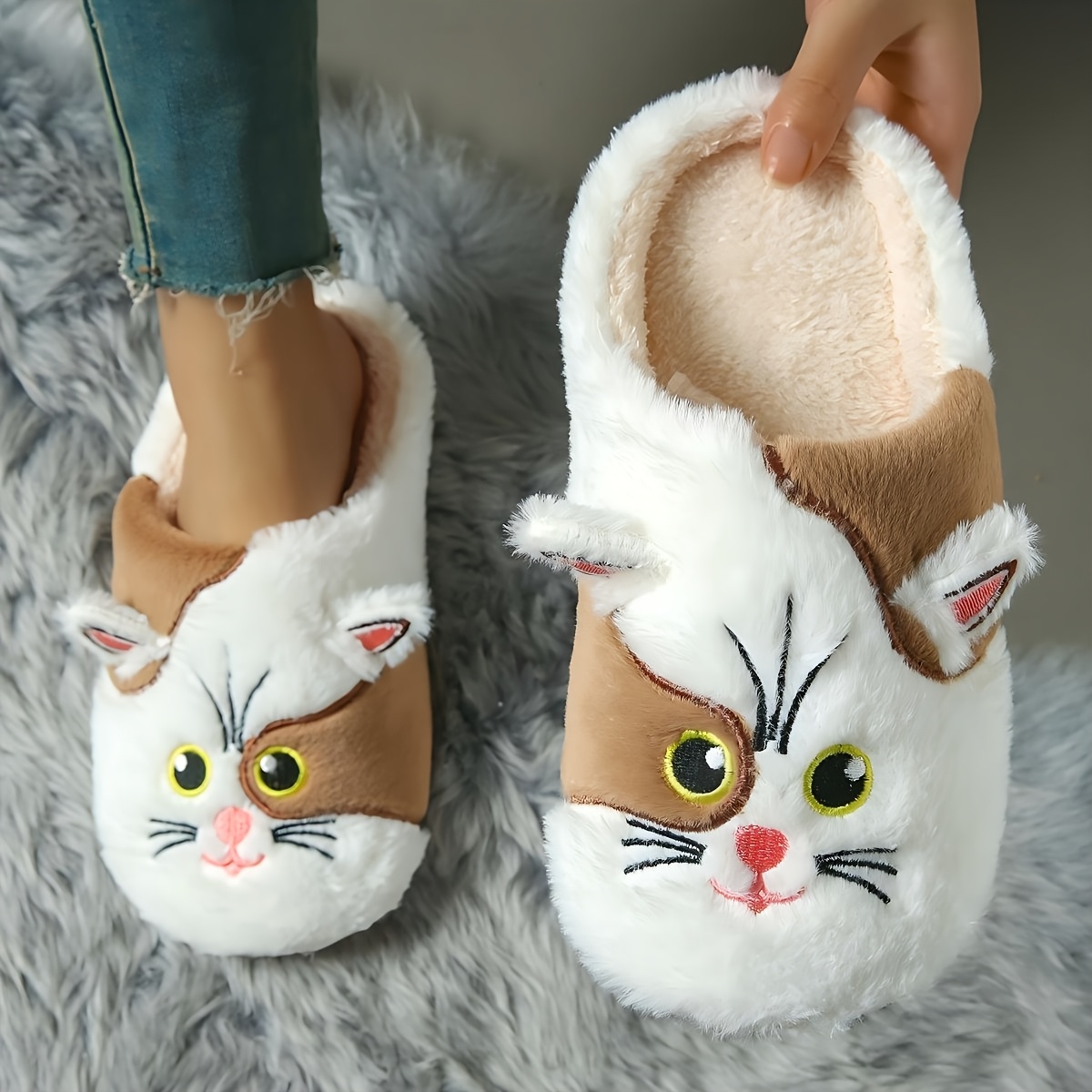 TEMU Chaussons chaton en peluche pour femme avec motif de visage de chaton - Semelle souple, chaussons d'intérieur chauds adaptés à - , cadeau sur le