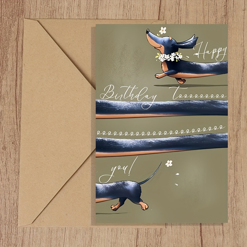 1pc Long Dachshund Birthday Card - Green Design With Long Dog & Flowers, Envelope Included | Perfect Gift For Dog Lovers, Pet Owners On Birthdays & Holidays