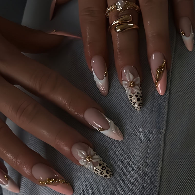 TEMU 1 Set 24pcs Long Almond-shaped Press-on Fake Nails Luxurious Sparkly Elegant White Flowers Sweet Cool Leopard Print Fashionable All-match