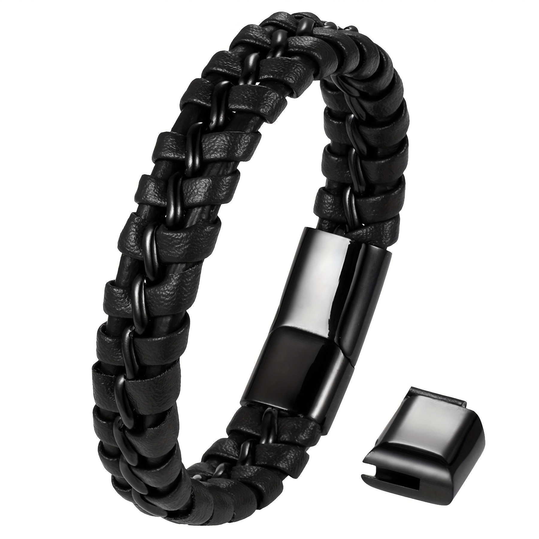 Stylish Braided Faux Leather Rope Chain Bracelet For Men, Featuring A Magnetic Clasp Adjustable And Detachable