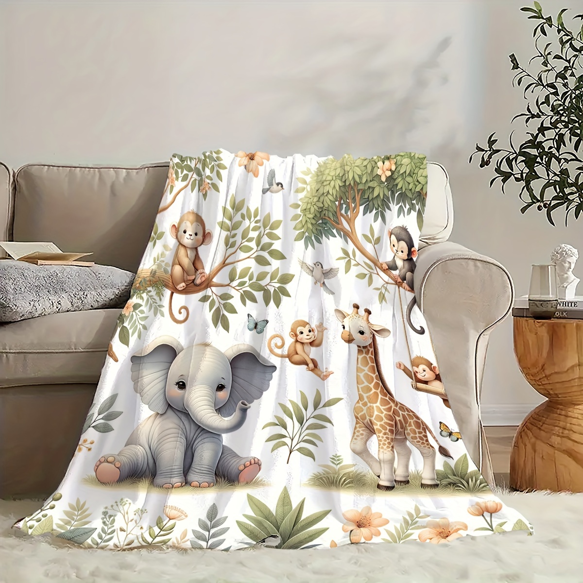 Watercolor Jungle Elephant and Giraffe Flannel Blanket