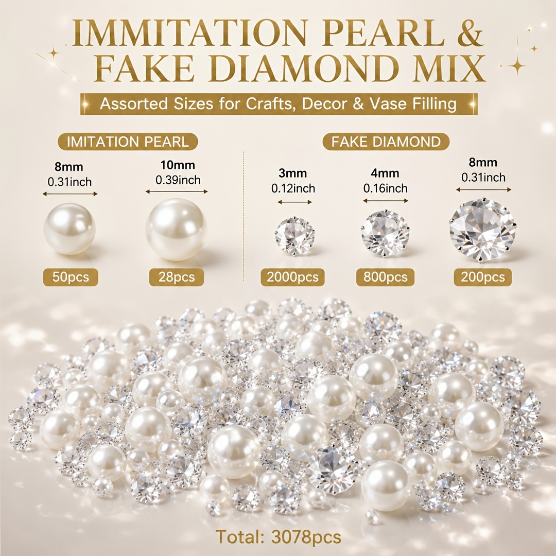 TEMU Mélange de 3078 pièces de fausses perles et de strass - Décoration pour vases, accents de maison, centres de table, décorations de fête, ,