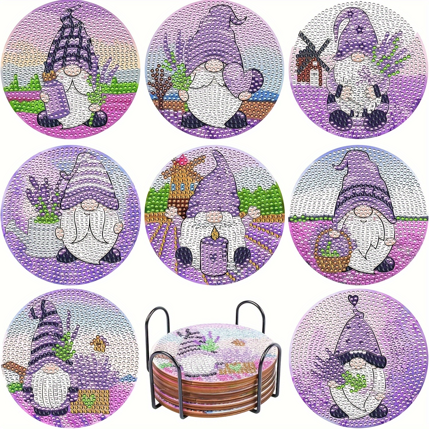 

8-piece Diy Diamond Painting Coaster Set With Stand, Round Gnome Design, Wooden Drink Mats For Beginners