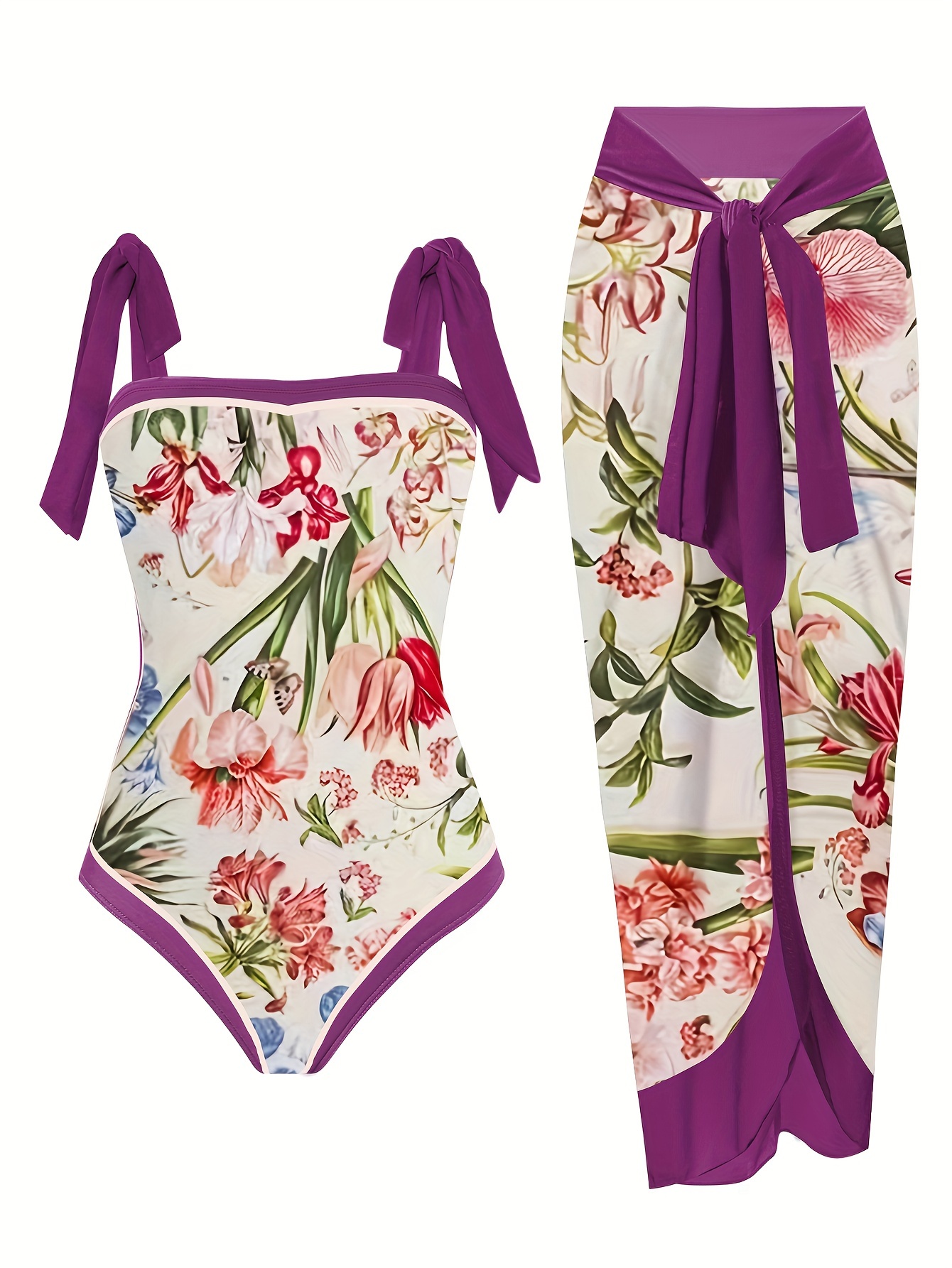Plus Size Elegant Tankini Set, Women's Plus Retro Floral Print Tie Shoulder  * Swimsuit & Side Knot Skirt Tankini Two Piece Set