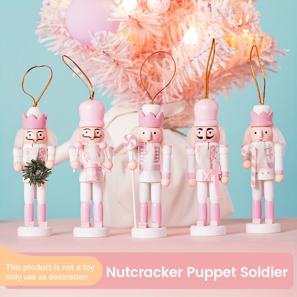 

5/set Pink Nutcracker Soldier Wood 12cm Puppet Doll Hanging Pendant Figurine Ornament For Christmas Decor (no Electricity Required, Suitable For People Aged 14 And Above)