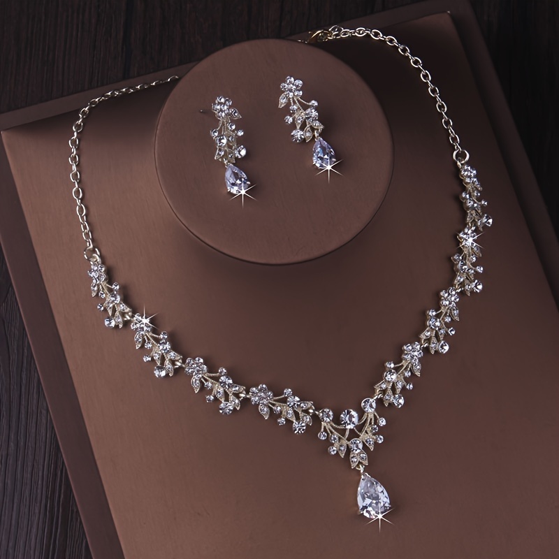 

Bride Jewelry, Wedding Dress Accessories, A Necklace+a Pair Of Earrings, Zircon Rhinestone Set, Wedding Banquet Party Necklace, Earring Set
