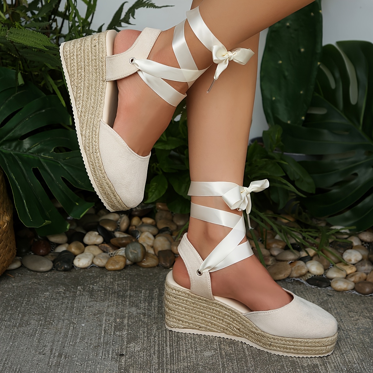TEMU Women's Strappy Woven Straw Wedge Sandals, Lace-up Fisherman Shoes, Jute Rope Woven Platform Casual Shoes, Versatile Summer Women's Footwear,