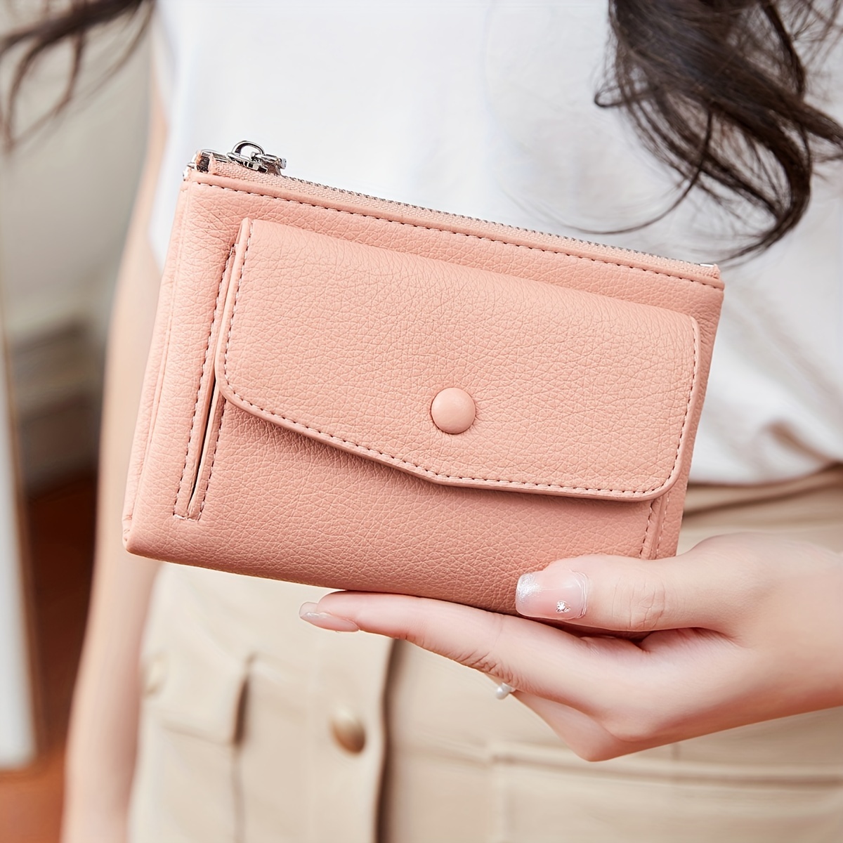 

Miyin Bifold Wallet - Compact Leather With , Multi-card Slots & Coin Purse, Snap Closure, In Pink - Easy Clean