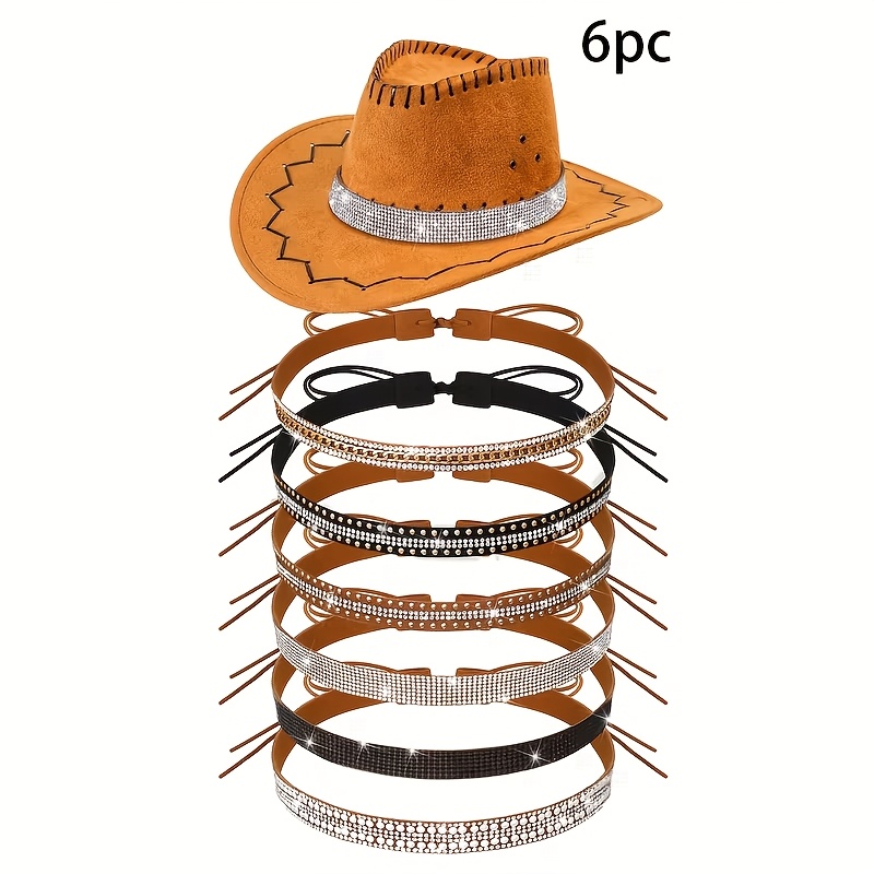 TEMU 6pcs Unisex Western Cowboy Hat Bands, Sparkly Inlaid Adjustable Belt Loops, Faux Leather Non-woven Braided - Versatile Hat Additions For Men And