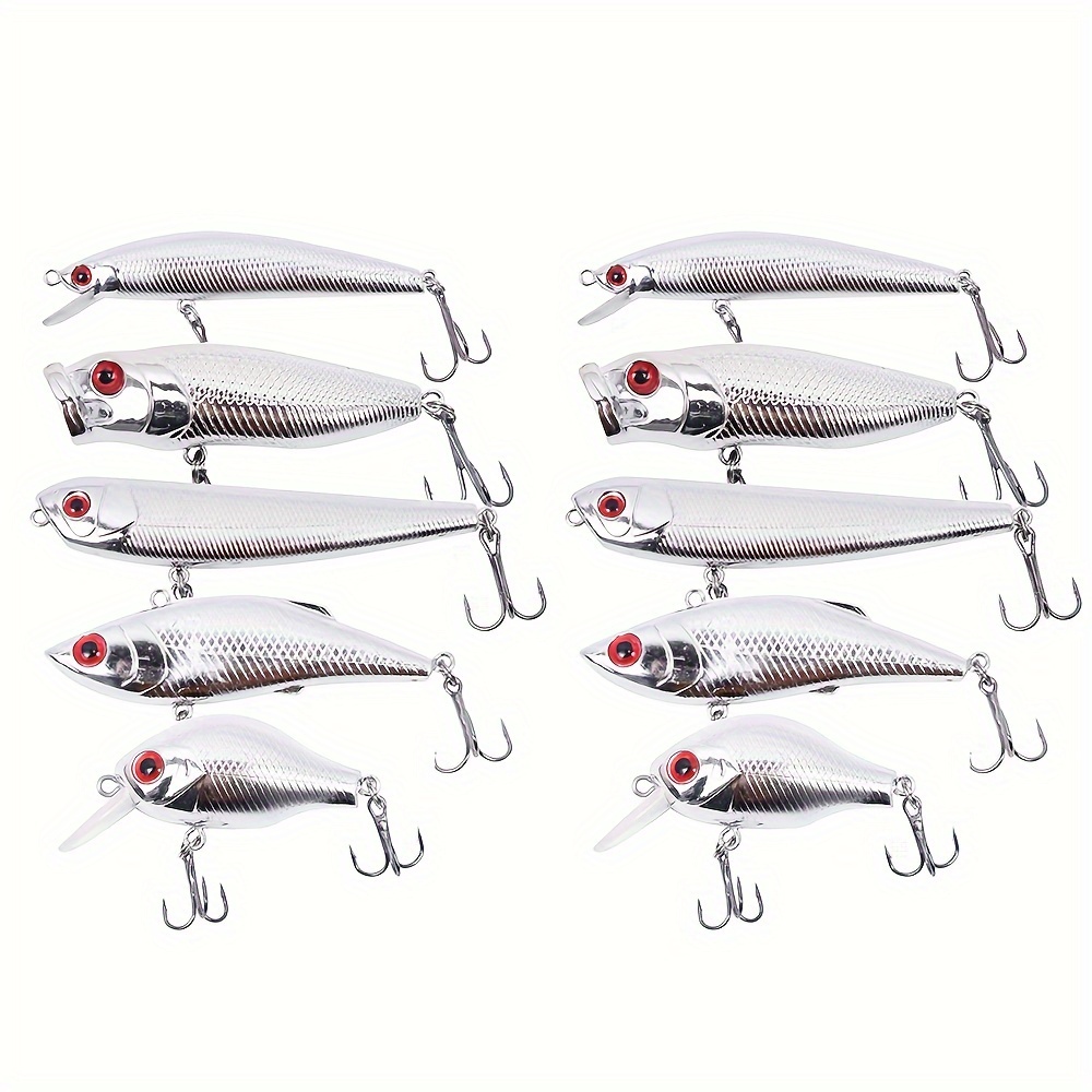 TEMU 10pcs Premium Silvery Anodized Fishing Lures - High-performance Baits For Catching More Fish In Freshwater And Saltwater - Durable And Attractive Designs For Versatile Angling