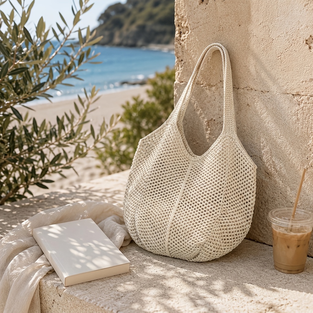 Women Tote Bag Summer Hollow Knit Handbag, Lightweight Breathable Solid Color Woven Purse For Beach Travel Vacation