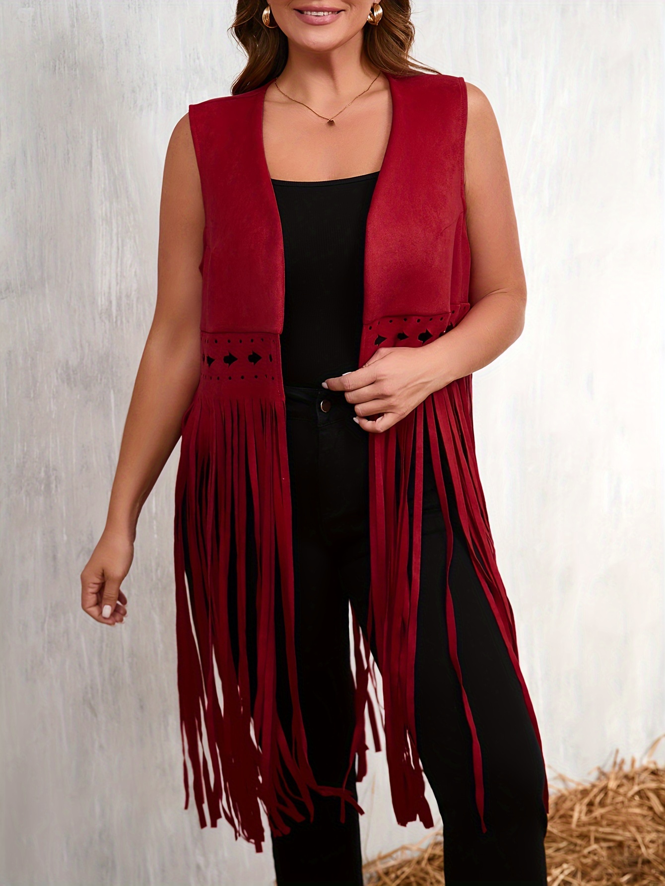 plus size women's elegant sleeveless long vest fringe hem - Temu
