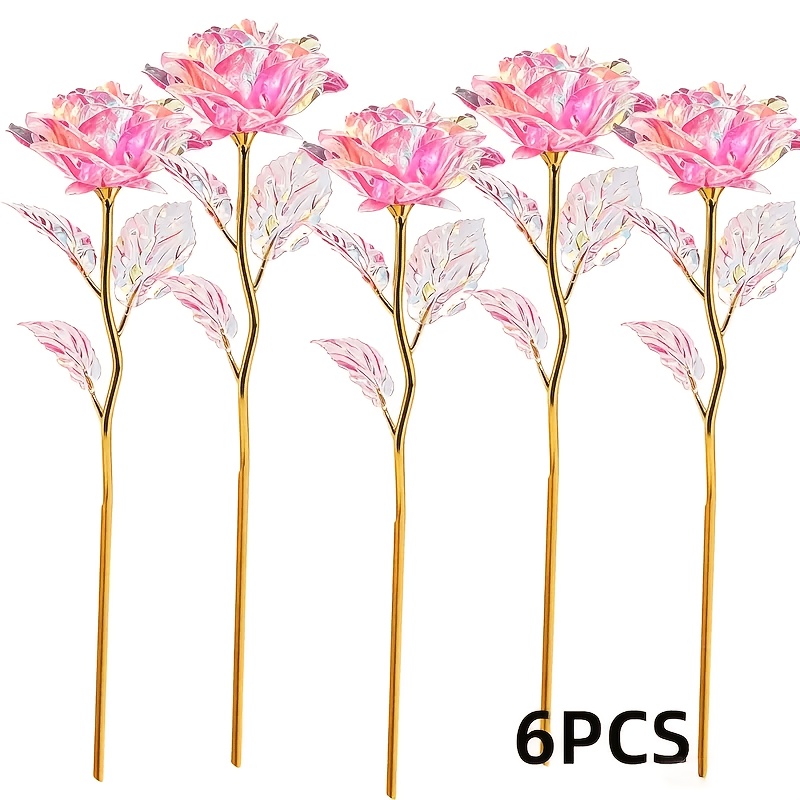 TEMU 6pcs Set Of Eternal Crystal Rose Bouquet | Glossy Shimmering Artificial Rose Bouquet Decoration With Exquisite Pink Hues, Suitable For Weddings,