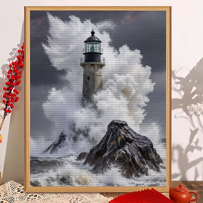 TEMU Un ensemble de nouveaux kits de broderie cadre avec le motif " géantes s'écrasant sur le phare". kit de broderie manuelle pour décoration