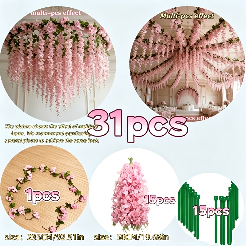 TEMU 31pcs Artificial Pink Wisteria Flower String Hanging Bean Flower Vine Wedding Arch Ceiling Decoration Party Background
