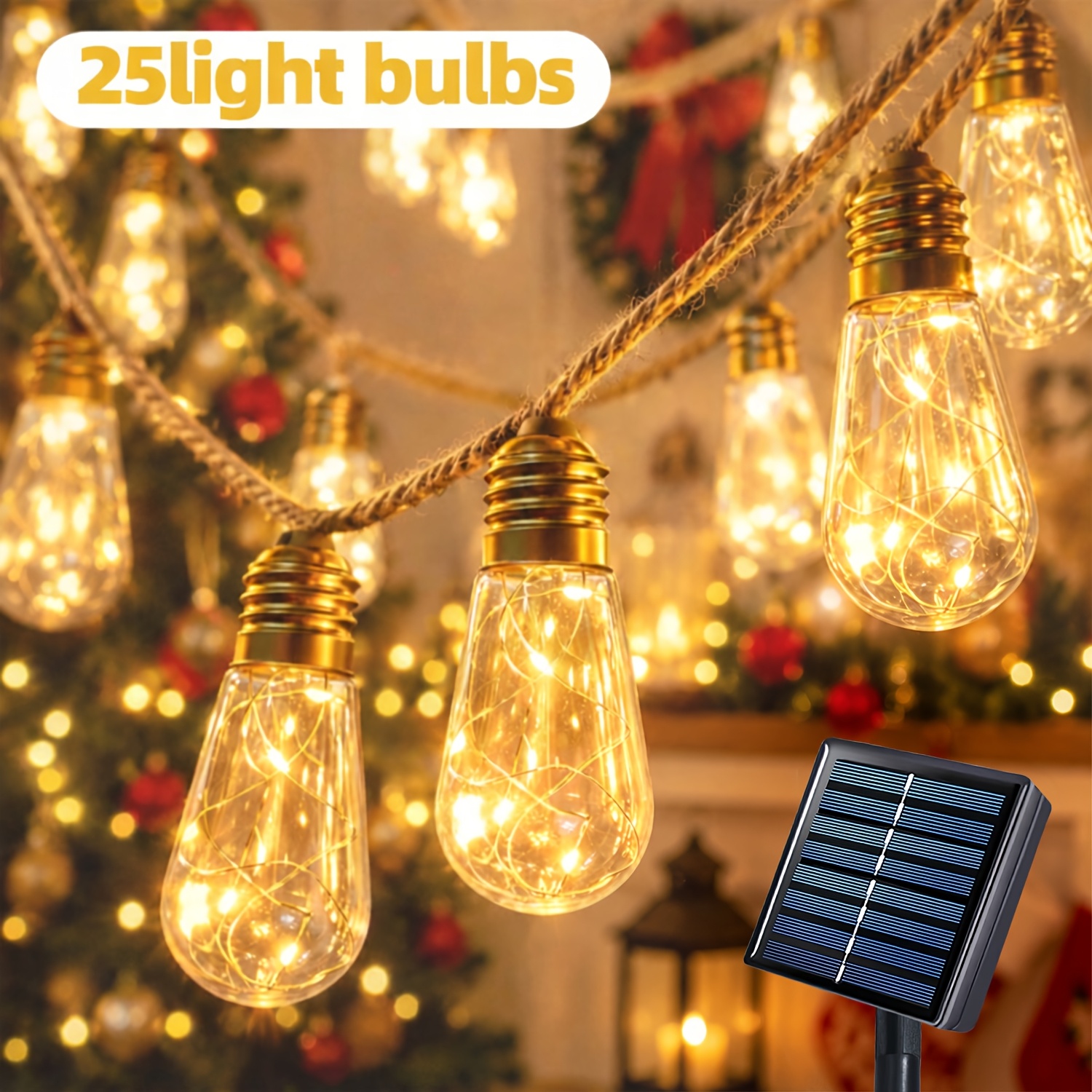 Image of Outdoor Solar String Lights, 11.6/5.6m Vintage Hemp Rope Solar Yard Lights, Warm White 8 Fairy Lights, With 25/10 Clear Bulbs, For Garden, Fence, Stair, Balcony, Cafe, Restaurant, Christmas