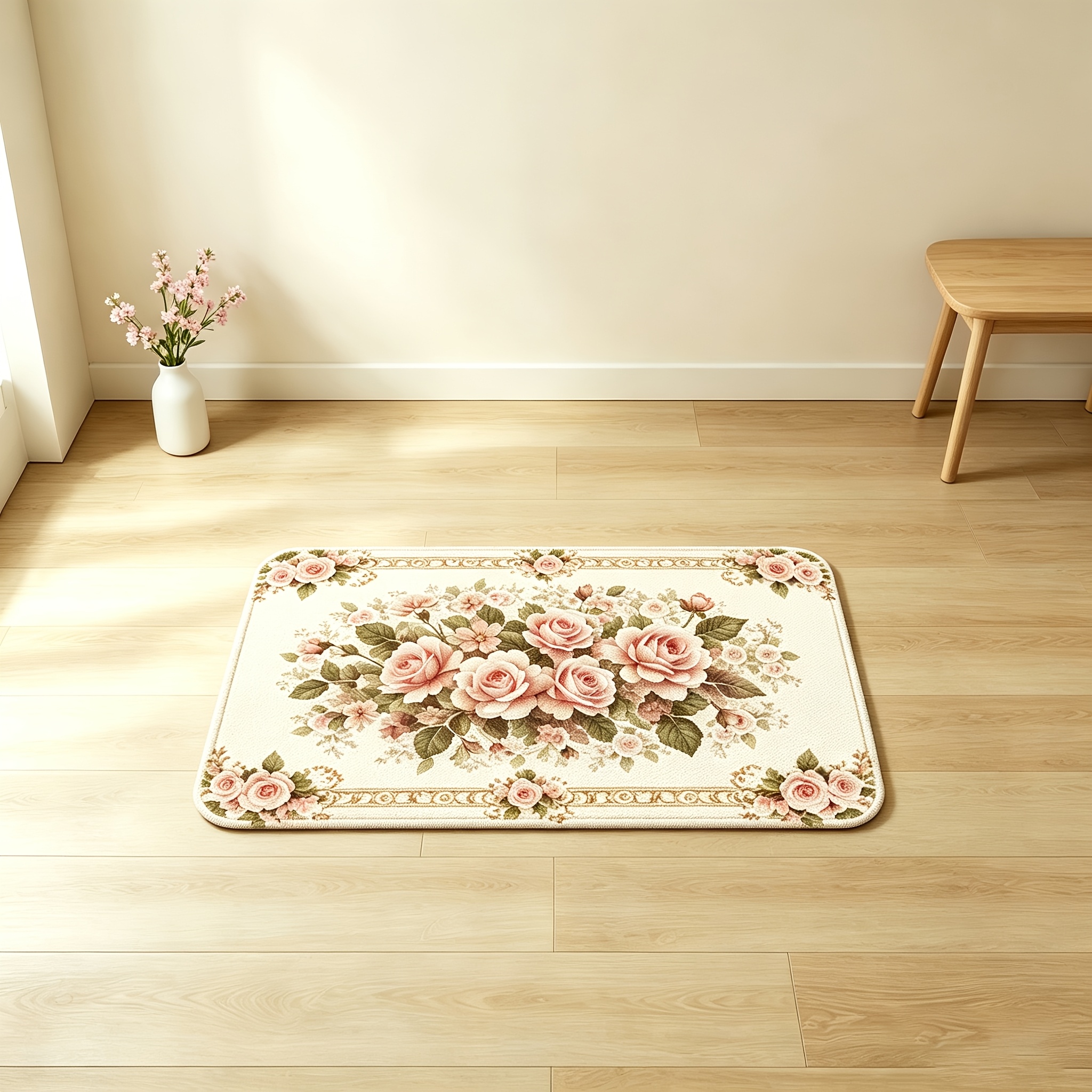 TEMU 1pc Vintage Spring Pink Rose Pattern Kitchen Mat, Non-slip Kitchen Floor Mat, Washable, Festive Decoration For Kitchen, Living Room, Corridor,