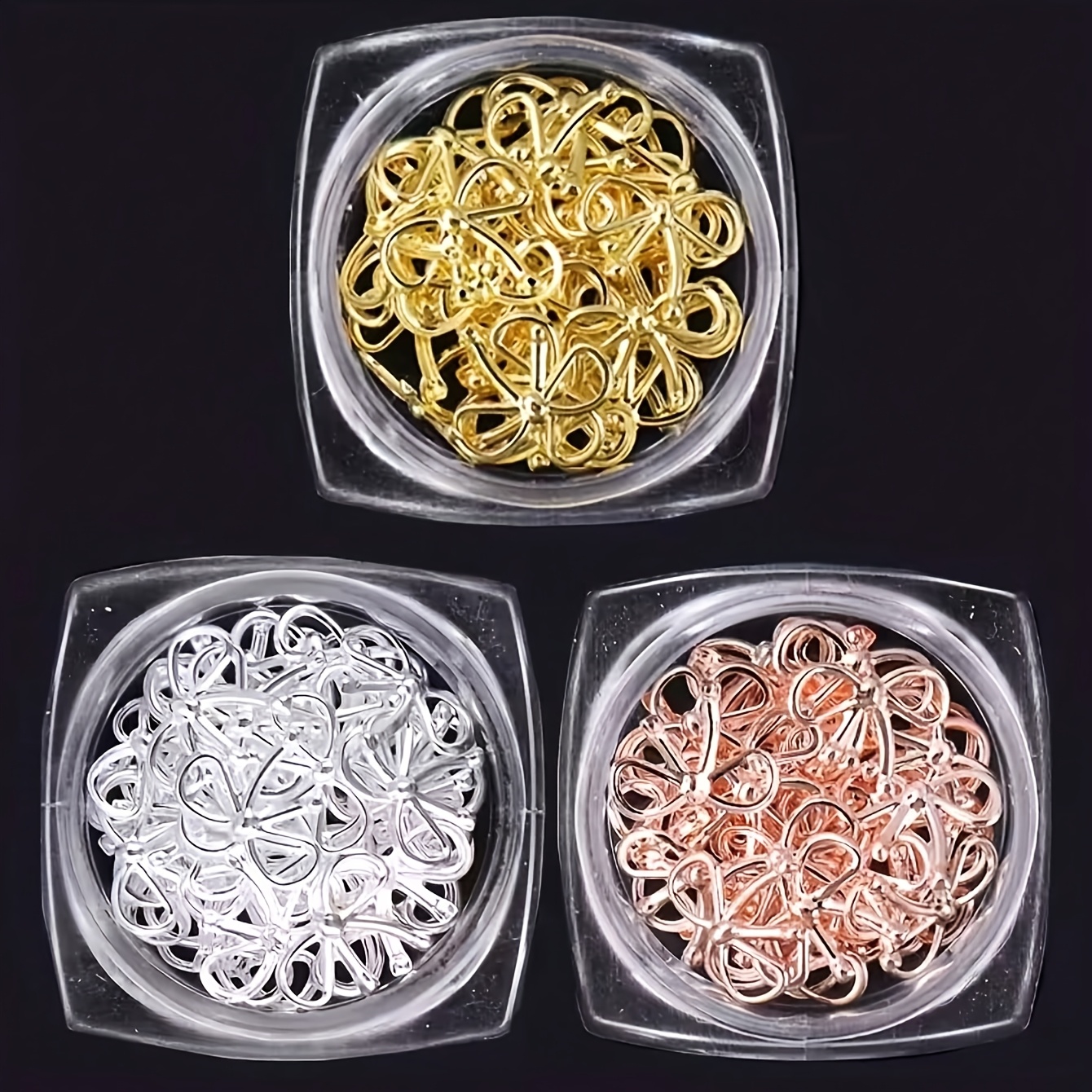 Metal Willow Nail Art Decorations, Rose Gold & Silver Bow Designs