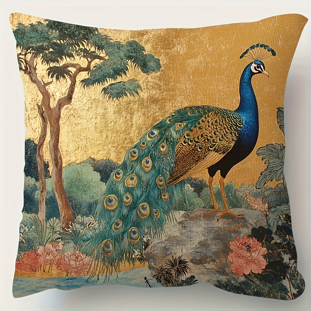 TEMU 1pc Traditional Oriental Peacock Pillowcase, 2d Flat Print, Zippered Polyester, For Sofa, Living Room, Bedroom, Office Decor, Machine Washable