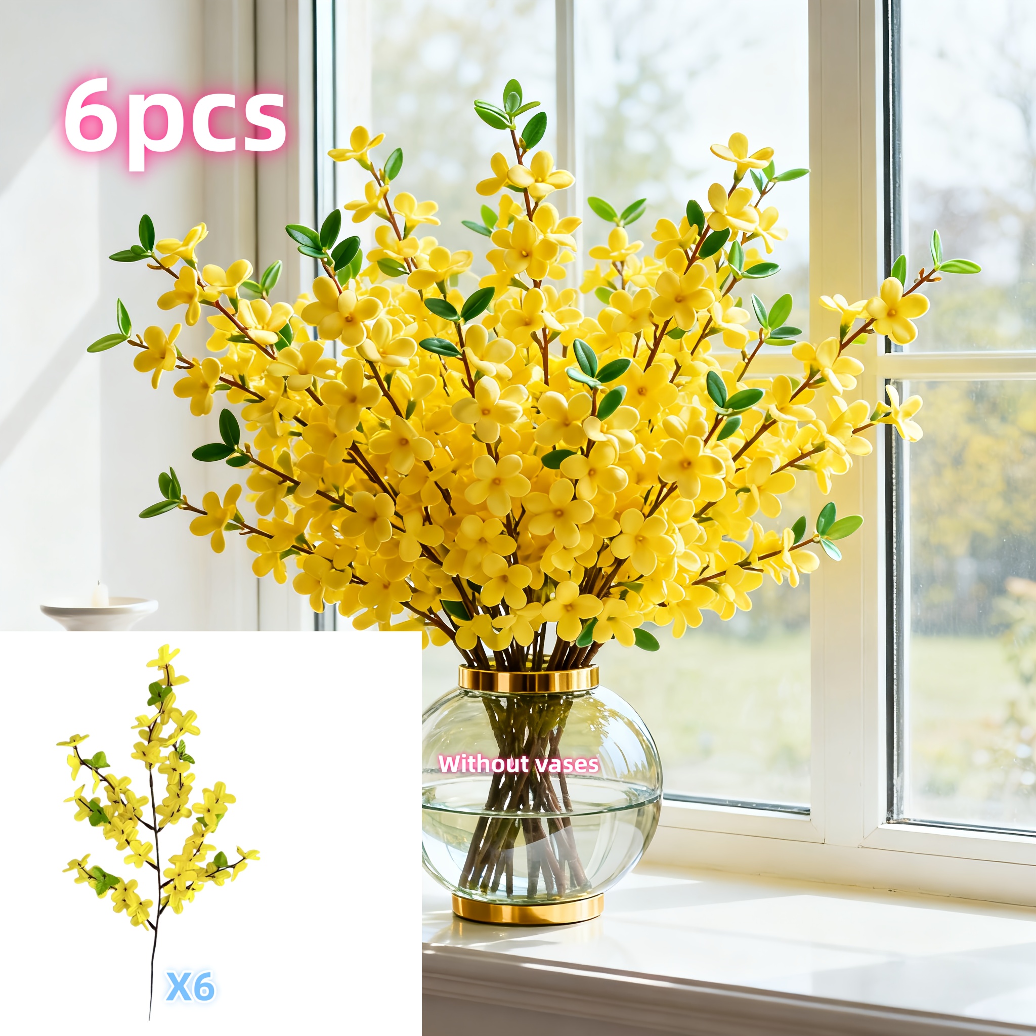 6 Artificial Yellow Bunches | Lifelike Plastic Flowers For Indoor/outdoor Use, Ideal For Easter, Spring, And 's Day Decorations, Soft Large Bouquet, Non