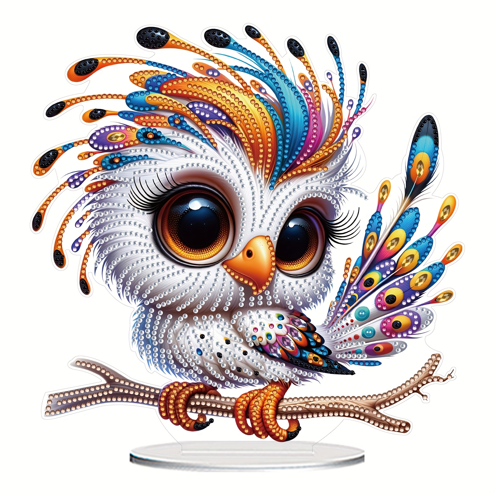 

1pc 5d Diy Owl Kit, Acrylic Ornament Craft With Irregular Shaped , Round Diamond Art, Handmade Creative Gift For Home Tabletop , Includes Clay Glue, Tray, Pen, And Base - Packaging