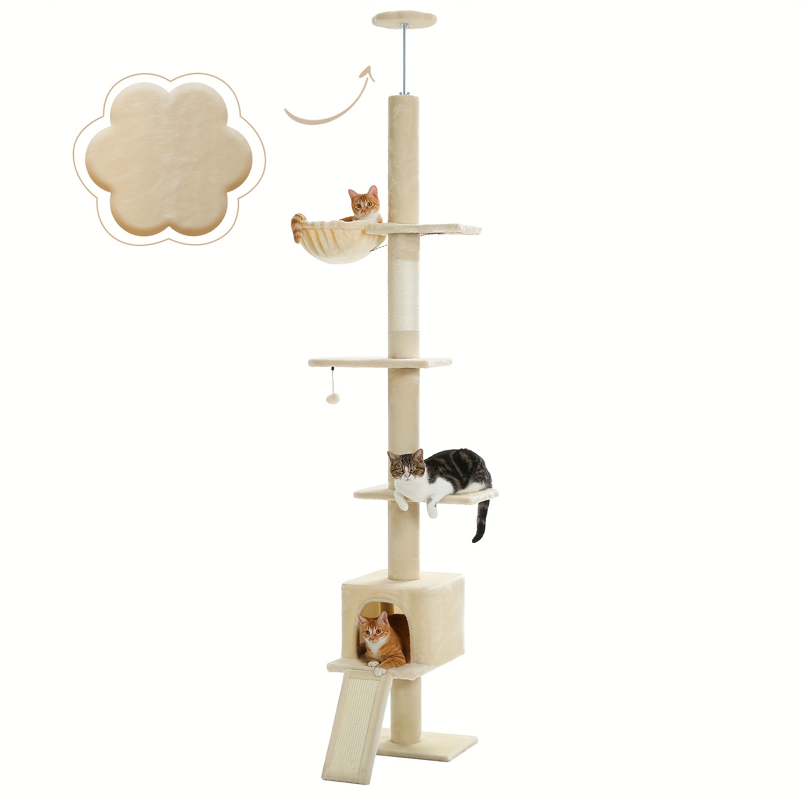 E-shop Road Kratzbaum vom Boden bis zur Decke, höhenverstellbar von 216 cm bis 273 cm, Kratzturm mit geräumigem Aktivitätsbereich, Hängematte