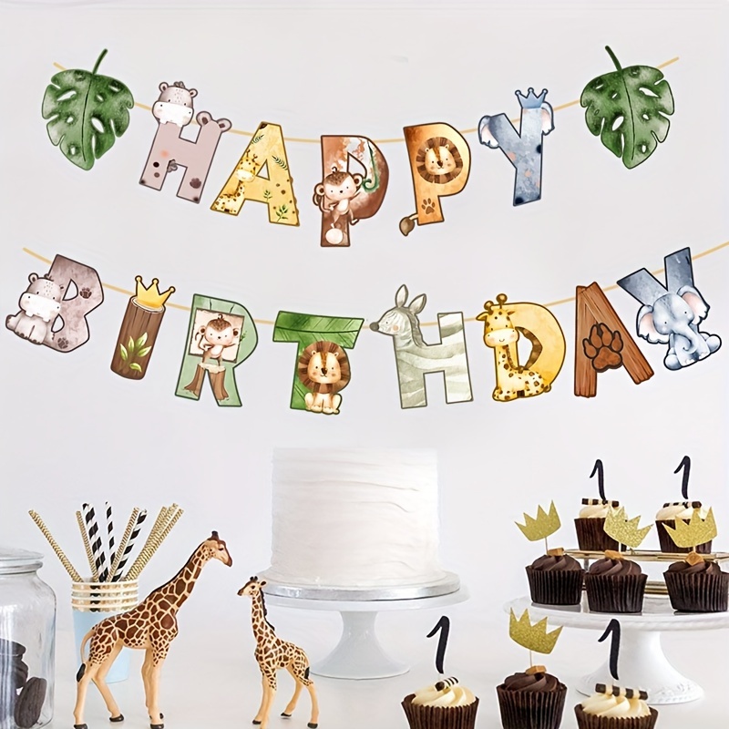 jungle safari wild one dino themed happy birthday banner 1pc paper hanging flag for first birthday party decorations