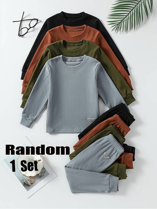 random 1 set boys warm underwear set autumn winter large children boys solid color thick ribbed striped chapzai element fashion warm top and pants set versatile young boys spring autumn wear 4 12 years old