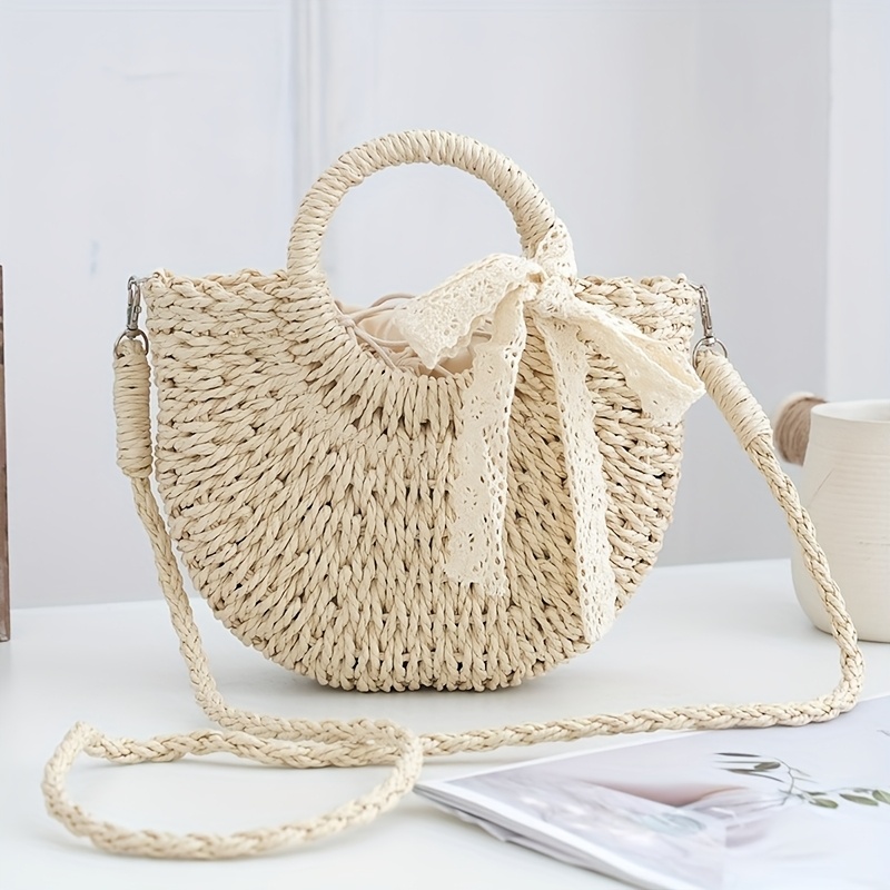 Image of Trendy Mini Straw Crossbody Bag With Ribbon Decoration, Handcrafted , Perfect For Summer Outfits, Detachable Shoulder Strap, Lined For And Practicality