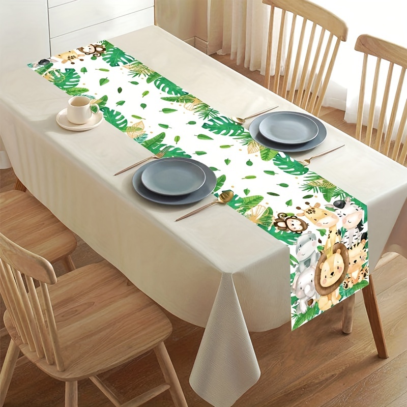 

1pc, Jungle Animals Table Runner, 180 * 35cm Polyester Table Flag, Green Leaves Birthday Party Decoration, Animals Theme Birthday Decor, Wild 1 1st Birthday Supplies