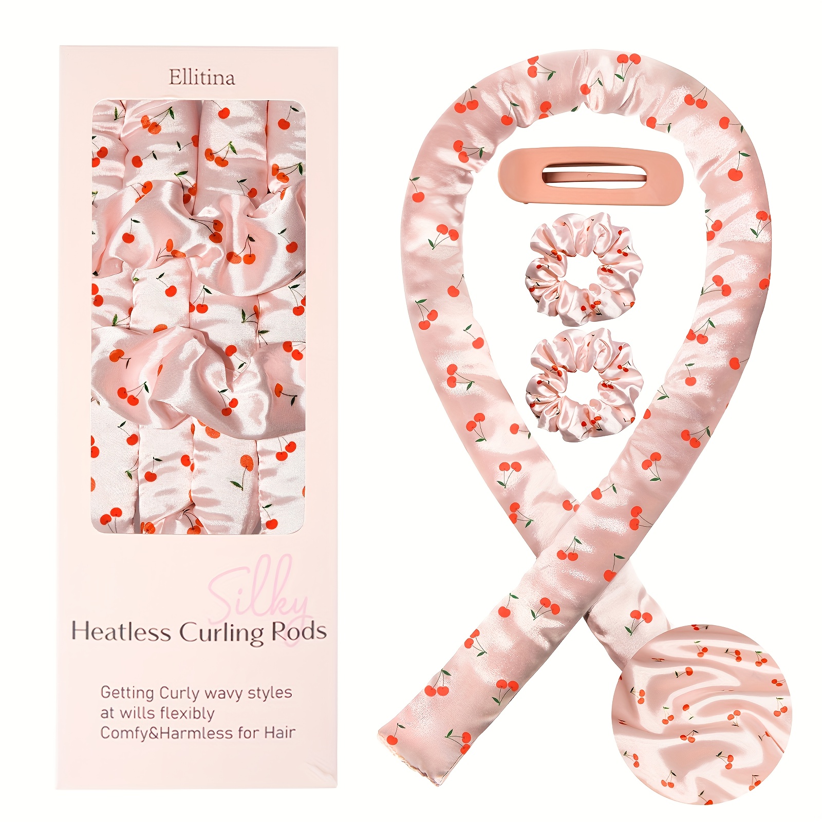 Ellitina 4pcs Cherry Print Satin Heatless Curler Set, Overnight Hair Curler to Sleep In, No Heat Curling Rods, with Satin Scrunchies And Clip