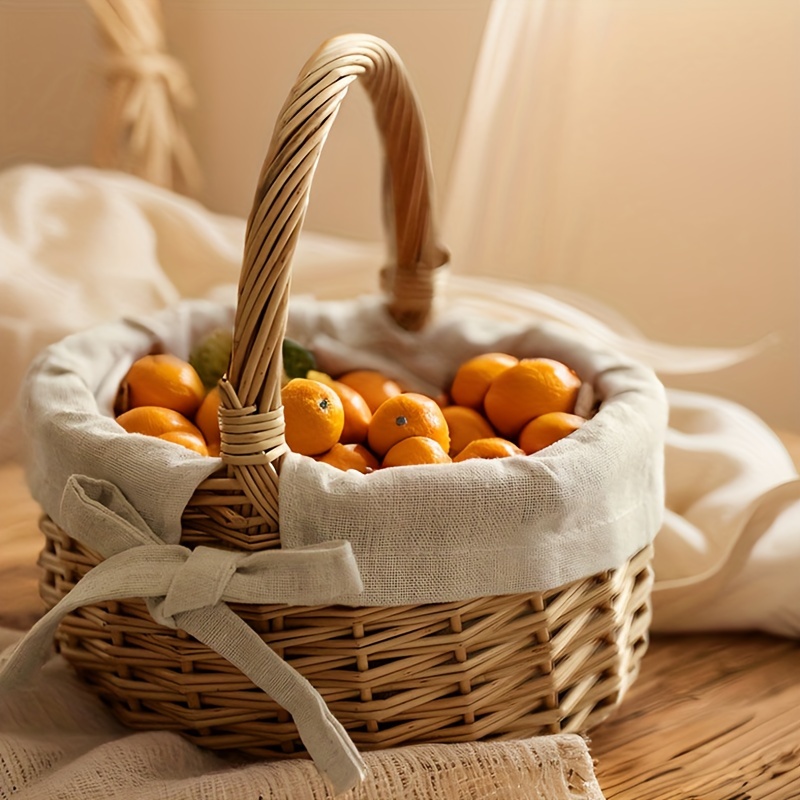 

1pc Rustic Style Basket, Small Pastoral Picnic Basket With Handle, Handwoven Sorghum Basket For Fruits, Linen Lined Bag With Bow Detail