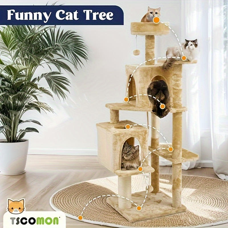 

Tscomon 59" Large Cat Tower Cat Tree For Indoor Cats, Multi-level Plush Tall Cat House With Toy, Cat Sisal Scratching Post Cat Furniture, For Bed Room, Living Room, Kitchen