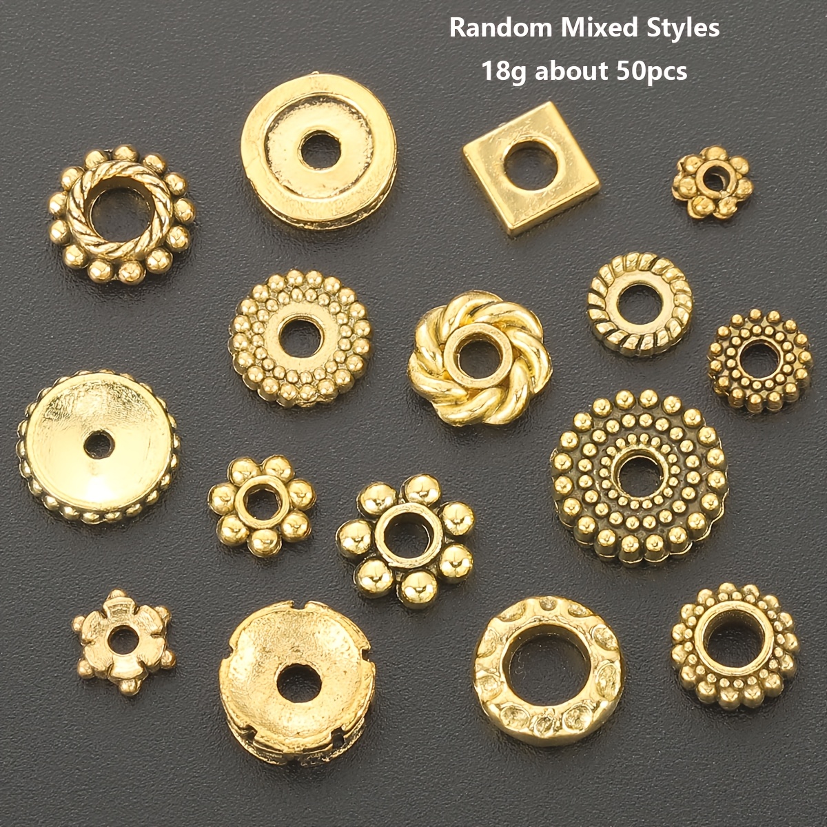 TEMU Lot de 50 perles d'espacement 18g / 100 perles 36g, perles d'espacement de style aléatoire doré antique, perles d'espacement à motif , perles